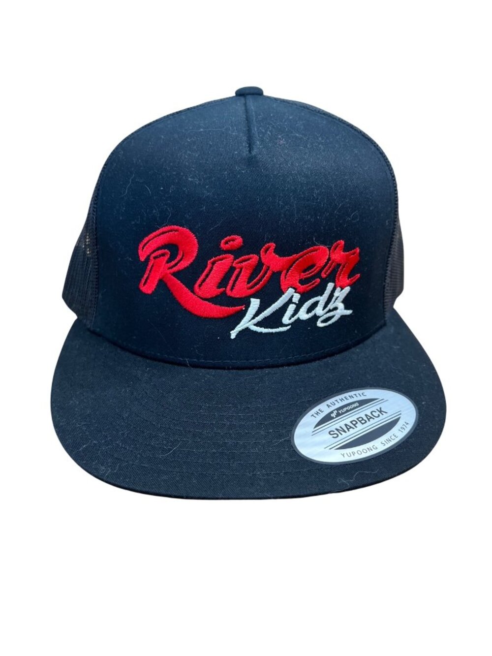 River Kidz black hat with red/ white lettering, trucker hat, snapback, 5 panel